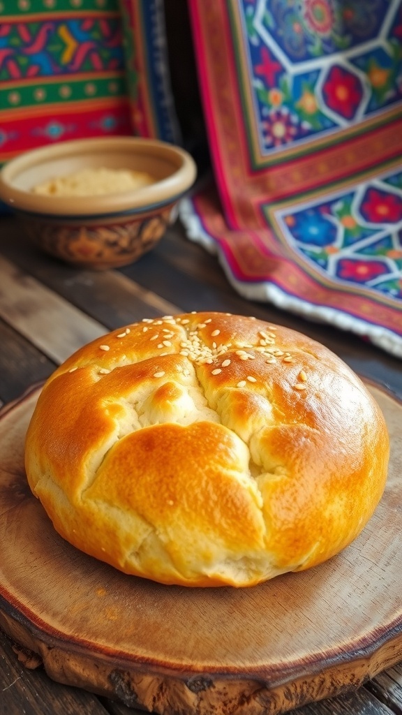 Golden brown Uzbek bread with a crispy crust and fluffy interior on a wooden table.